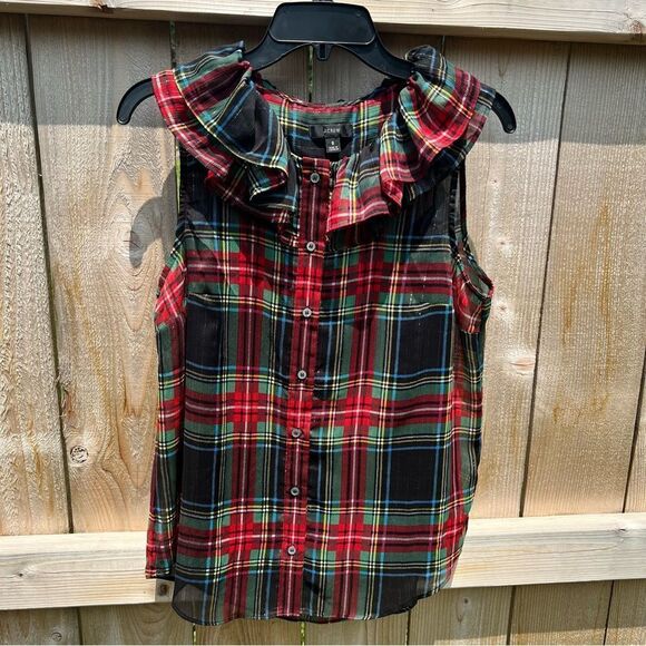J Crew Sheer Plaid Buttoned Down Sleeveless Ruffled Top size Small - Picture 4 of 8